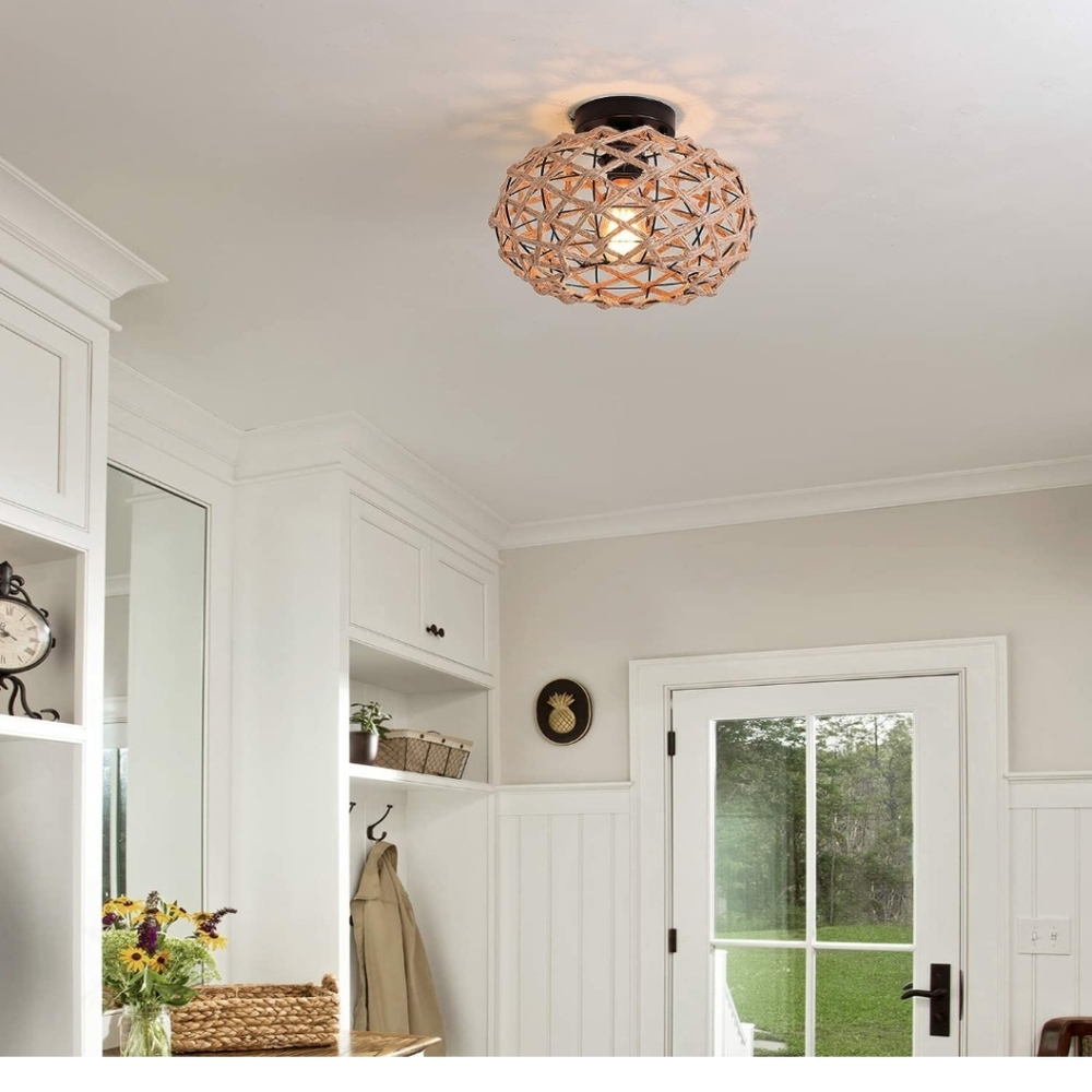 New Nomita Rustic Woven Flush Mount Light Fixture Industrial Hemp Rope Cage